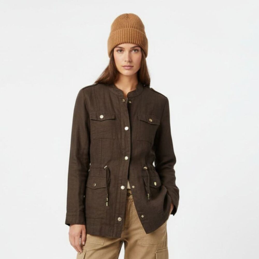 Chico’s 100% Linen Dark Brown Utility Zip Up Collarless Jacket 1 M